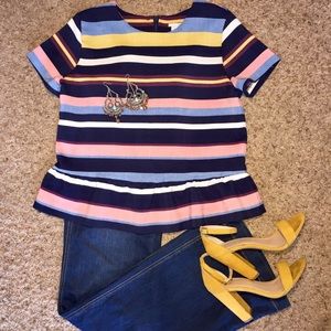 Halogen CrewNeck Peplum Hem Striped Blouse